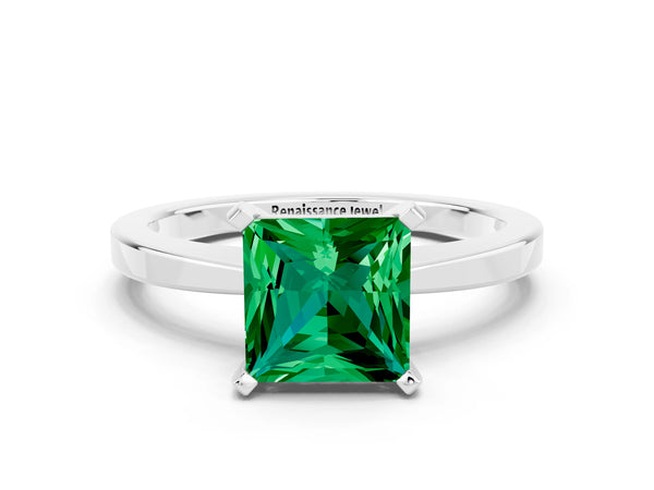 Platinum Princess Cut Emerald Solitaire Engagement Ring with Classic Band and Four-Prong Setting