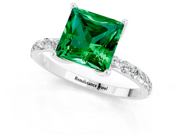 Platinum Princess Cut Emerald Solitaire Engagement Ring with Round  Pavé Band and Prong Setting