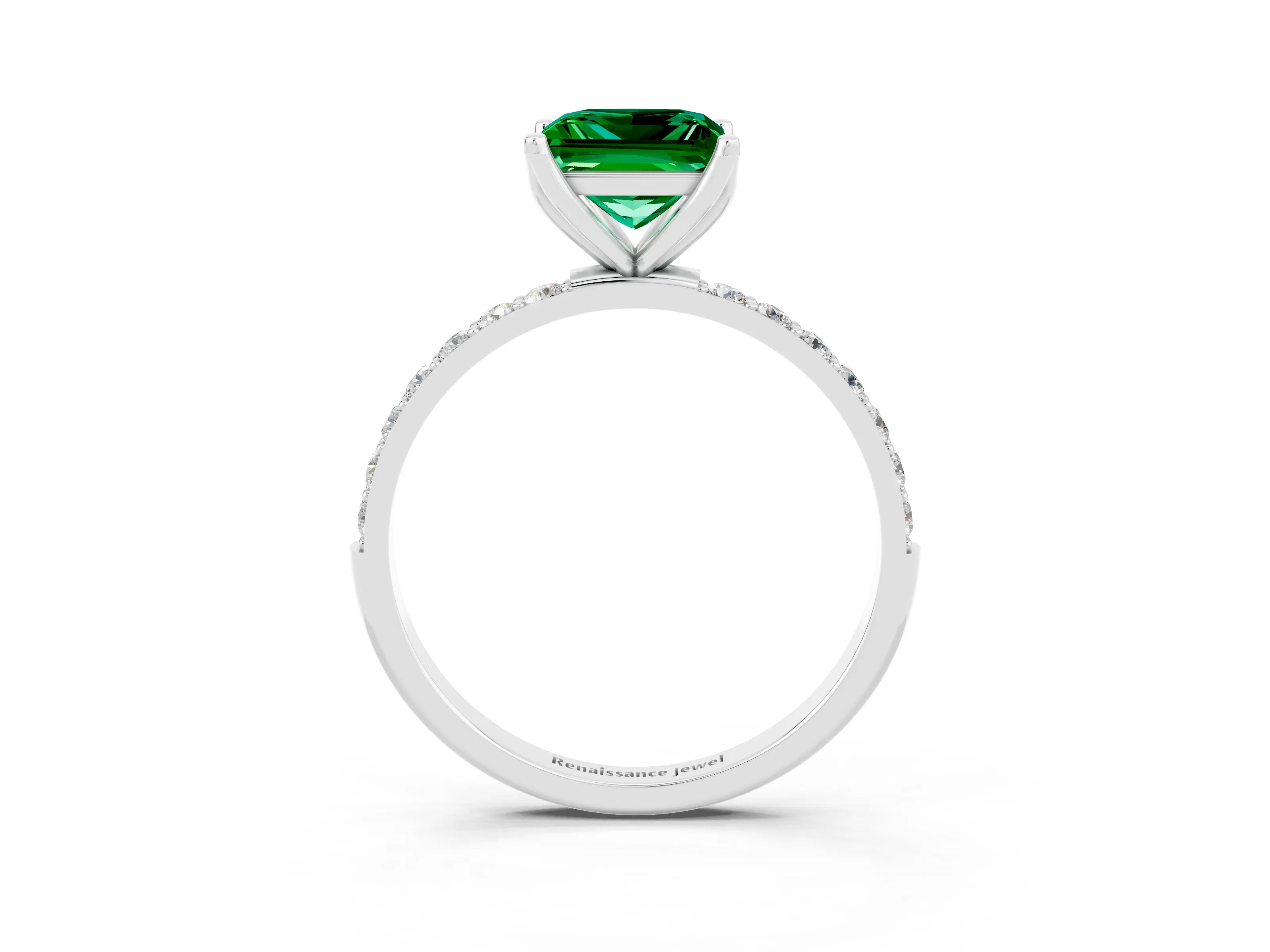 White gold Princess Cut Emerald Solitaire Engagement Ring with Pavé Band and Prong Setting_3