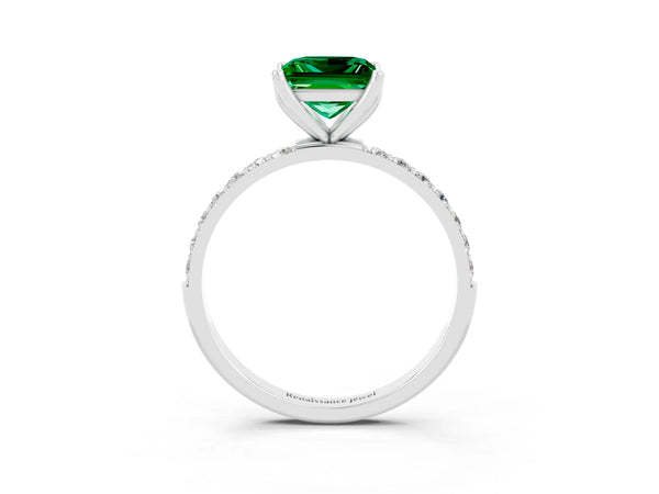 Silver Princess Cut Emerald Solitaire Engagement Ring with Round  Pavé Band and Prong Setting