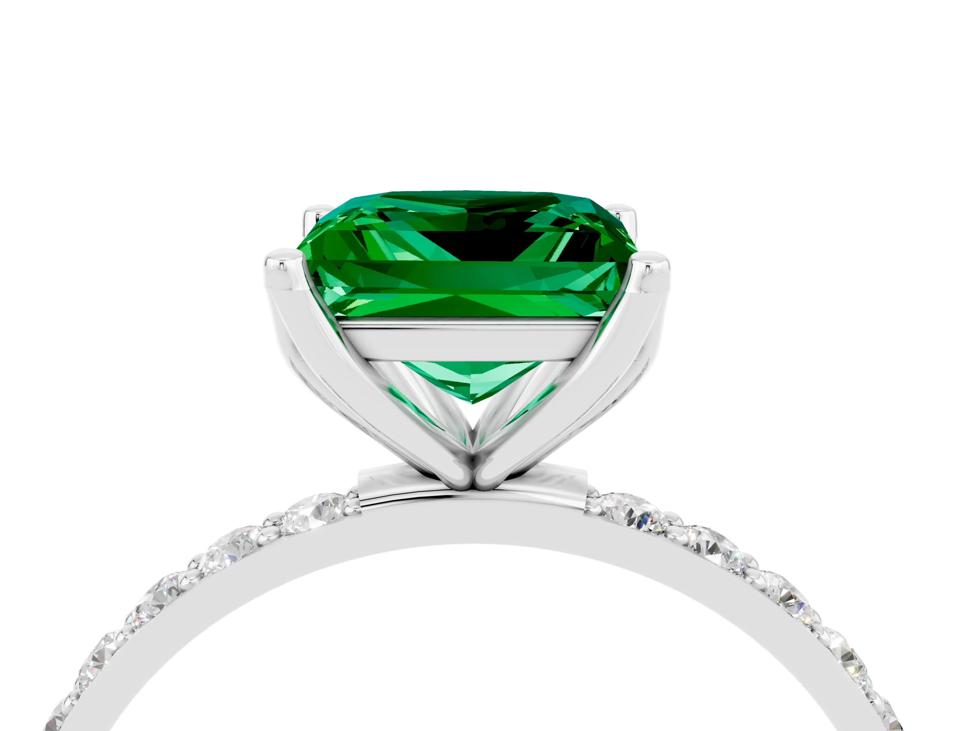 White gold Princess Cut Emerald Solitaire Engagement Ring with Pavé Band and Prong Setting_4