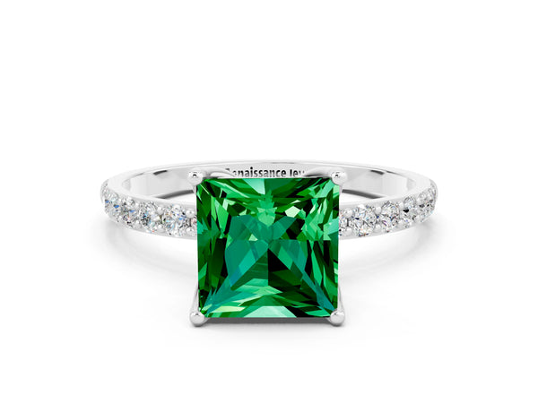 White gold Princess Cut Emerald Solitaire Engagement Ring with Round  Pavé Band and Prong Setting