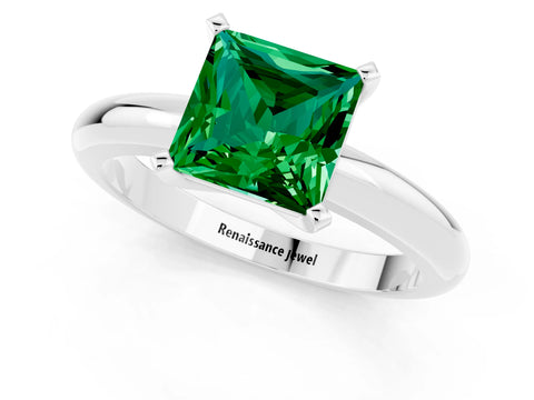 White gold Princess Cut Emerald Solitaire Engagement Ring with Round Band and Four-Prong Setting_1