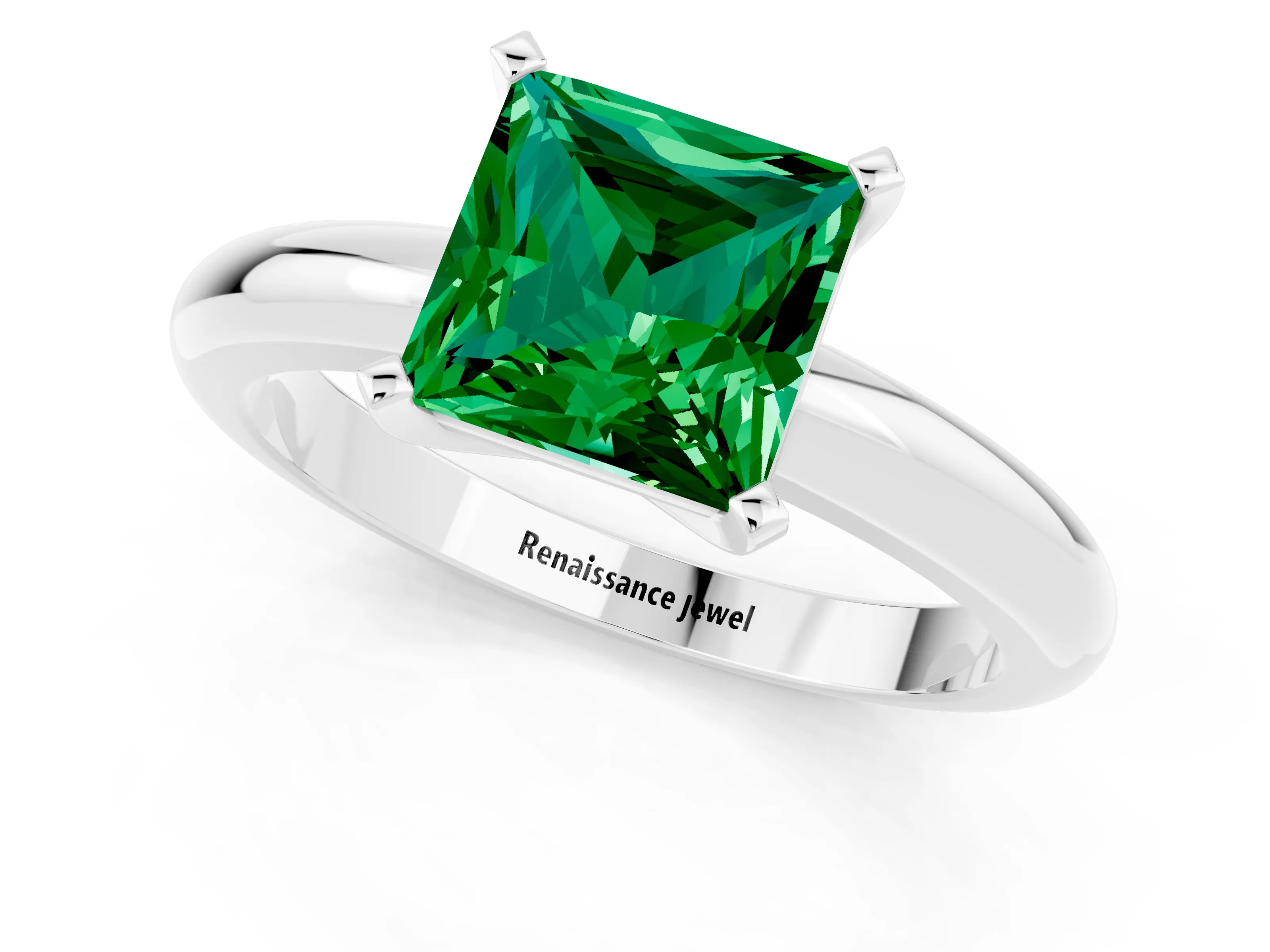 White gold Princess Cut Emerald Solitaire Engagement Ring with Round Band and Four-Prong Setting_1