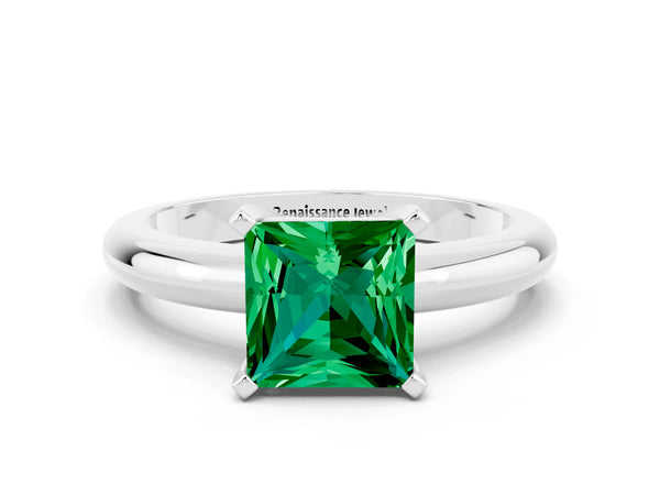 Silver Princess Cut Emerald Solitaire Engagement Ring with Round Band and Four-Prong Setting