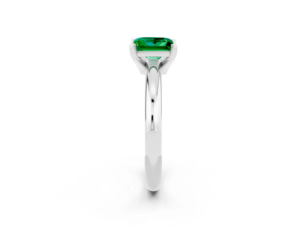 Silver Princess Cut Emerald Solitaire Engagement Ring with Round Band and Four-Prong Setting