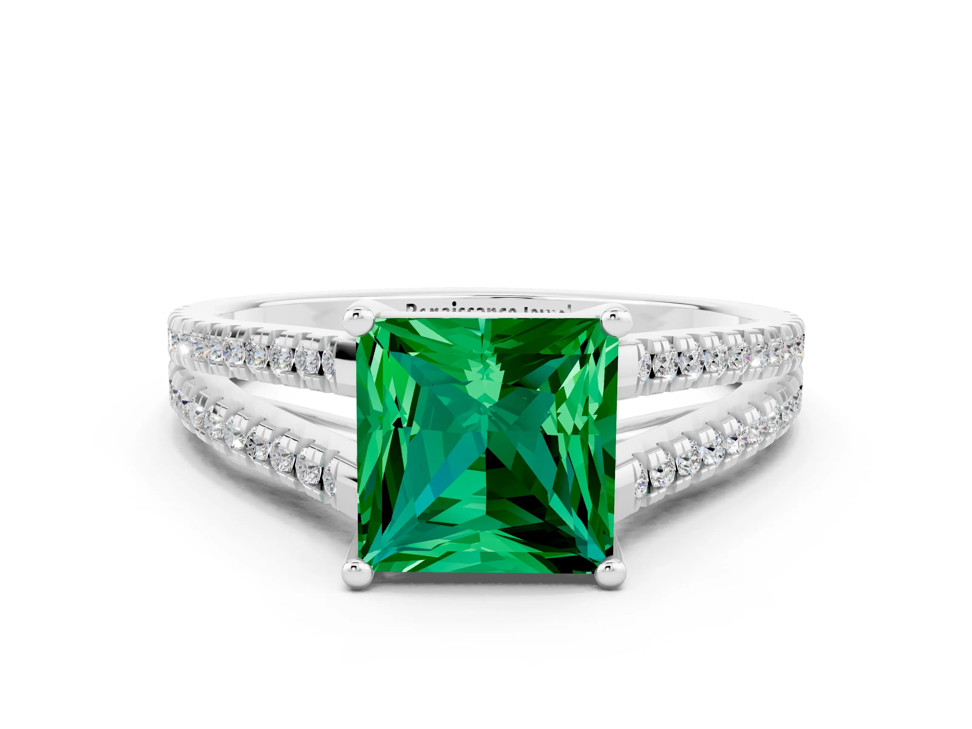 White gold Princess Cut Emerald Solitaire Engagement Ring with Split Shank Pavé Band