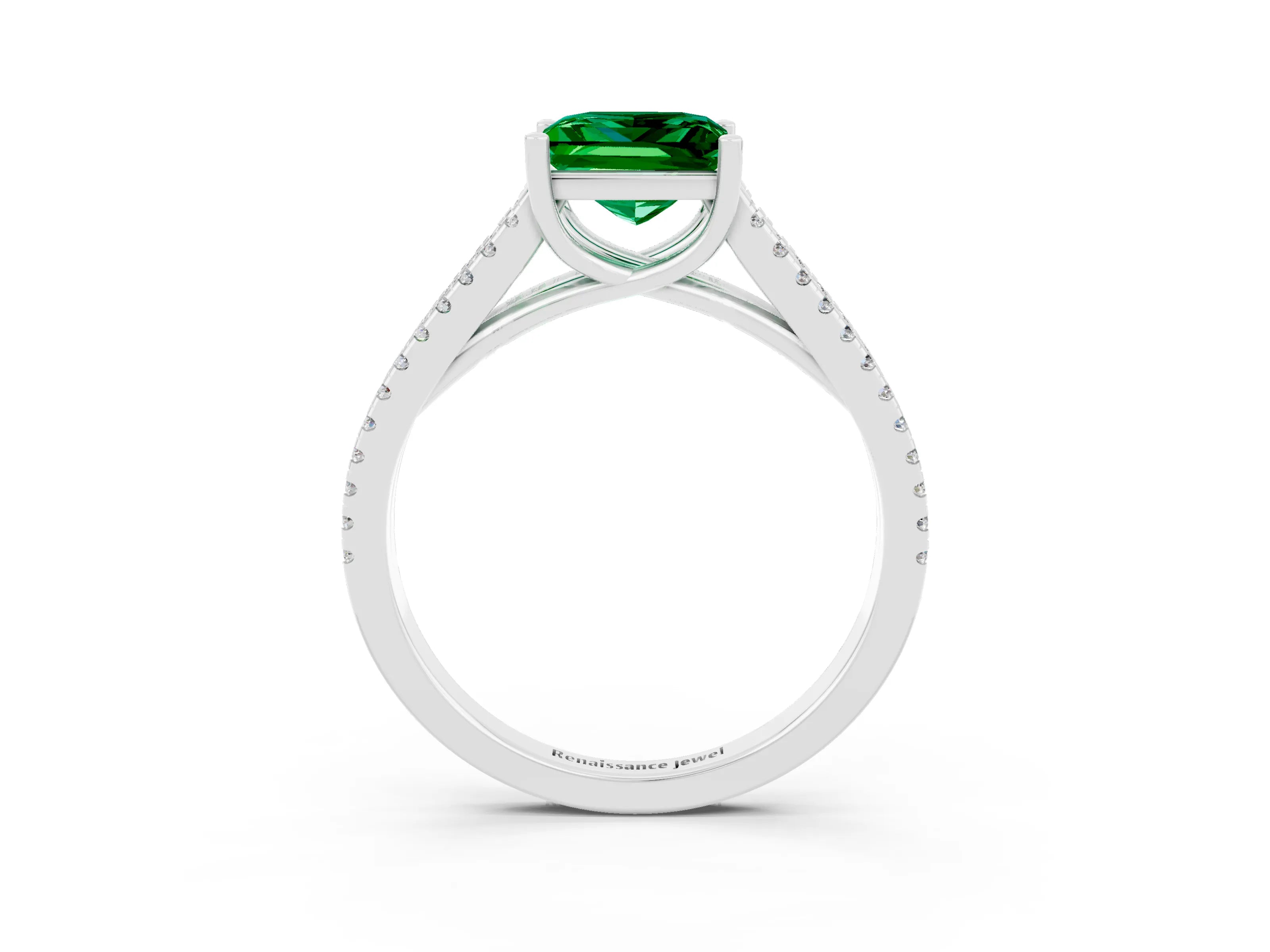 White gold Princess Cut Emerald Solitaire Engagement Ring with Split Shank Pavé Band_3