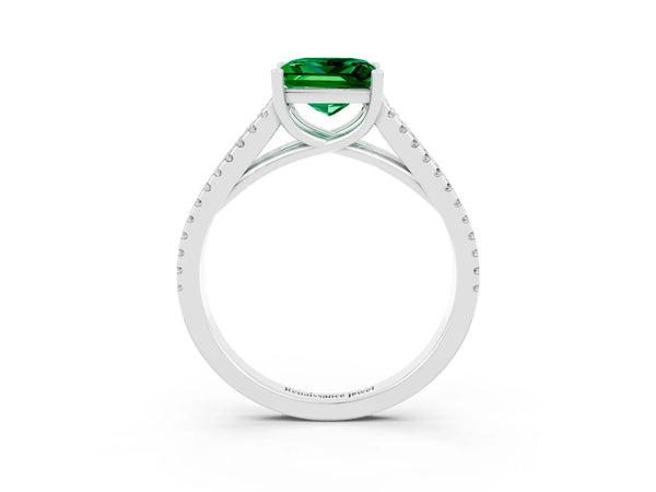 Silver Princess Cut Emerald Solitaire Engagement Ring with Split Shank Pavé Band