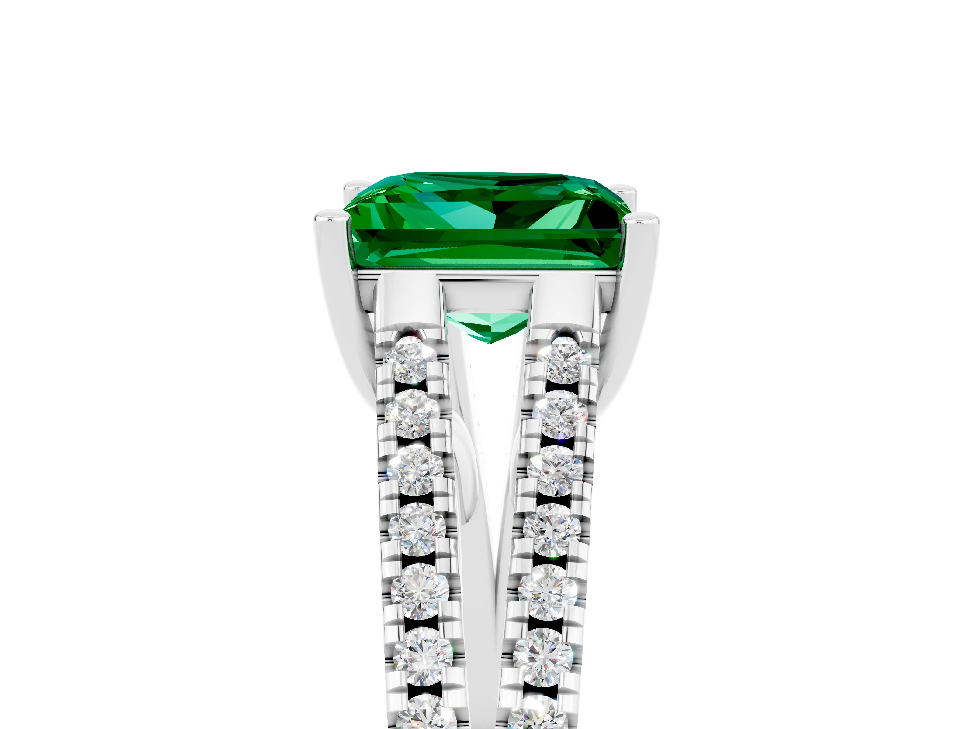 White gold Princess Cut Emerald Solitaire Engagement Ring with Split Shank Pavé Band_5