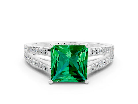 White gold Princess Cut Emerald Solitaire Engagement Ring with Split Shank Pavé Band