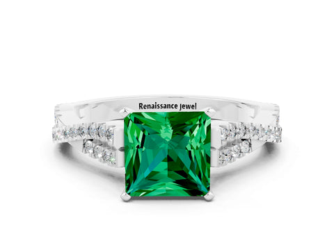 White gold Princess Cut Emerald Solitaire Engagement Ring with Twisted Pavé Band and Four-Prong Setting_12