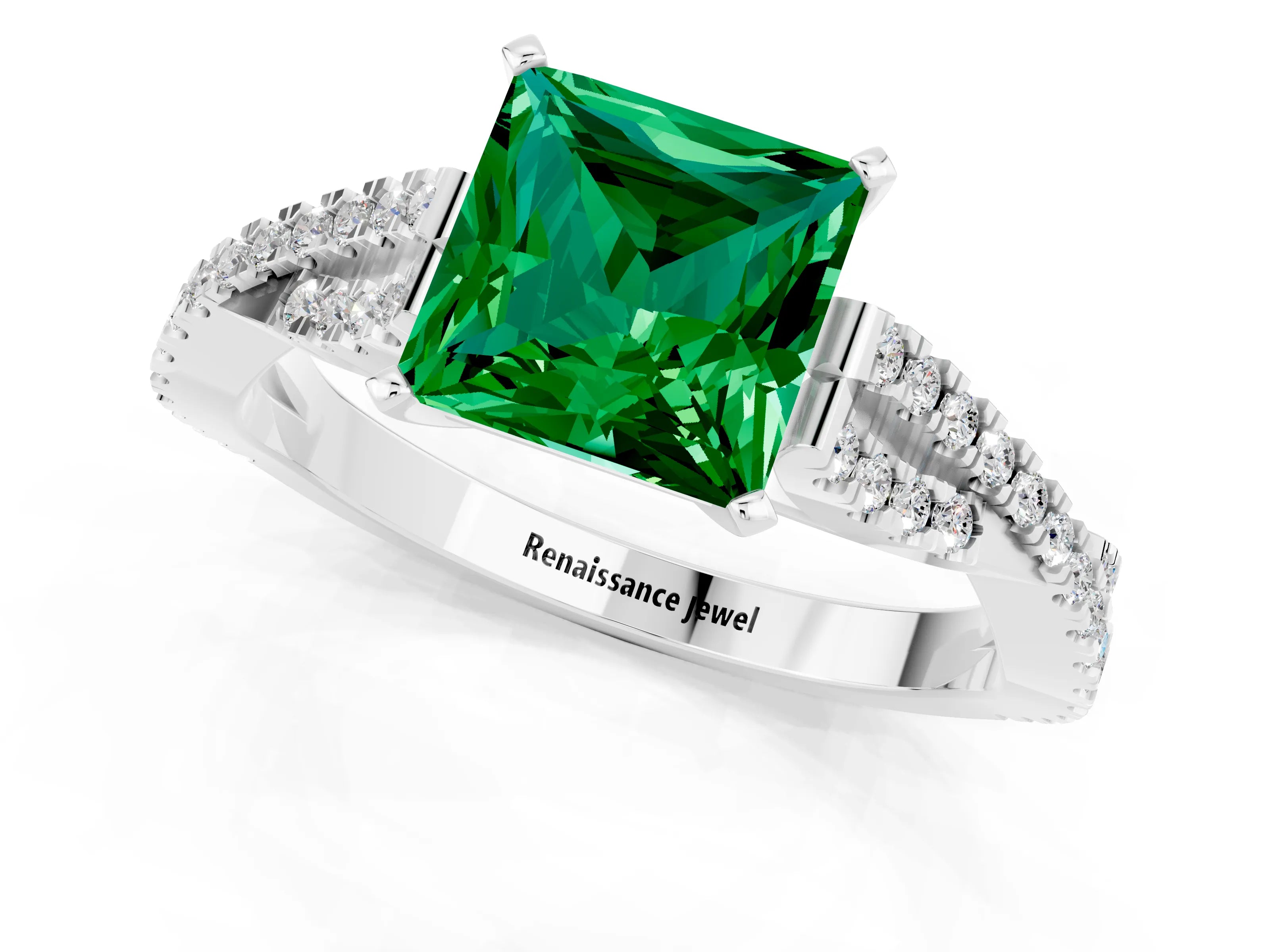 White gold Princess Cut Emerald Solitaire Engagement Ring with Twisted Pavé Band and Four-Prong Setting_13