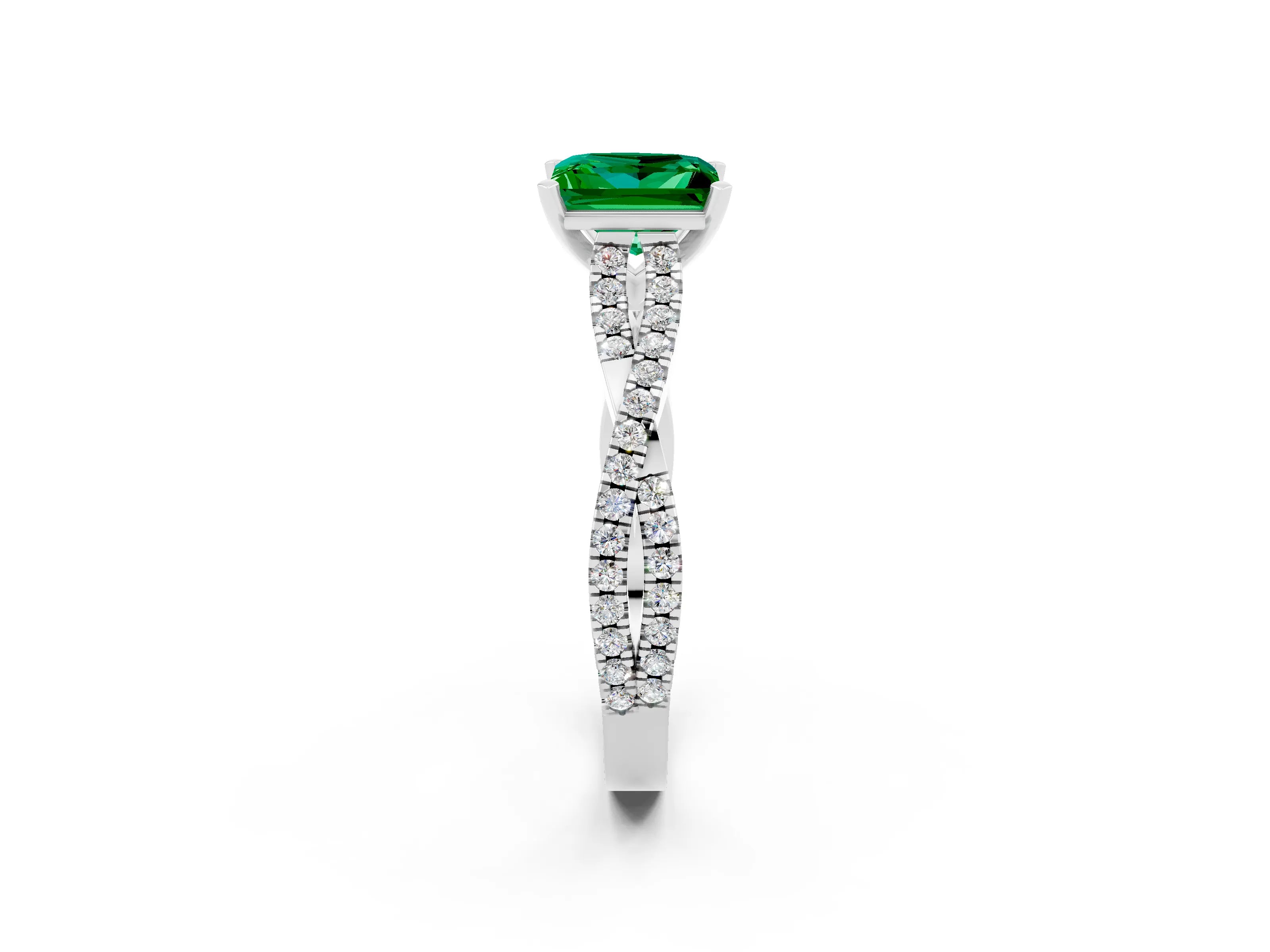 White gold Princess Cut Emerald Solitaire Engagement Ring with Twisted Pavé Band and Four-Prong Setting_14
