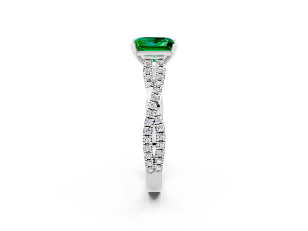 White gold Princess Cut Emerald Solitaire Engagement Ring with Twisted Pavé Band and Four-Prong Setting