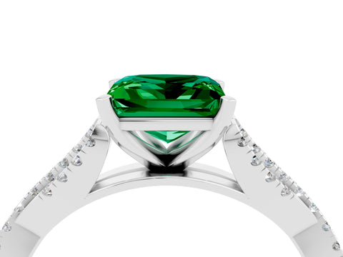 White gold Princess Cut Emerald Solitaire Engagement Ring with Twisted Pavé Band and Four-Prong Setting_16