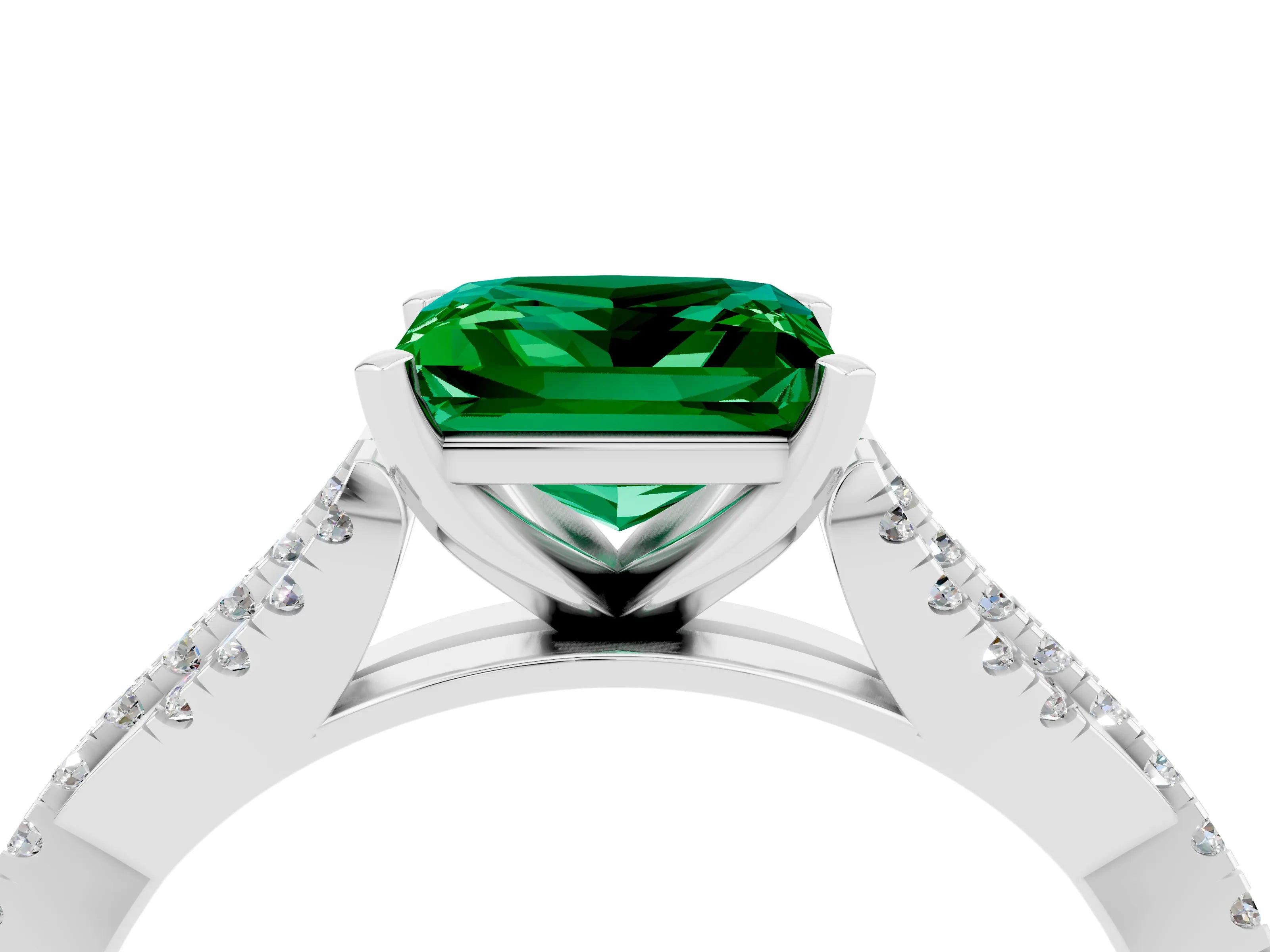 White gold Princess Cut Emerald Solitaire Engagement Ring with Twisted Pavé Band and Four-Prong Setting_16
