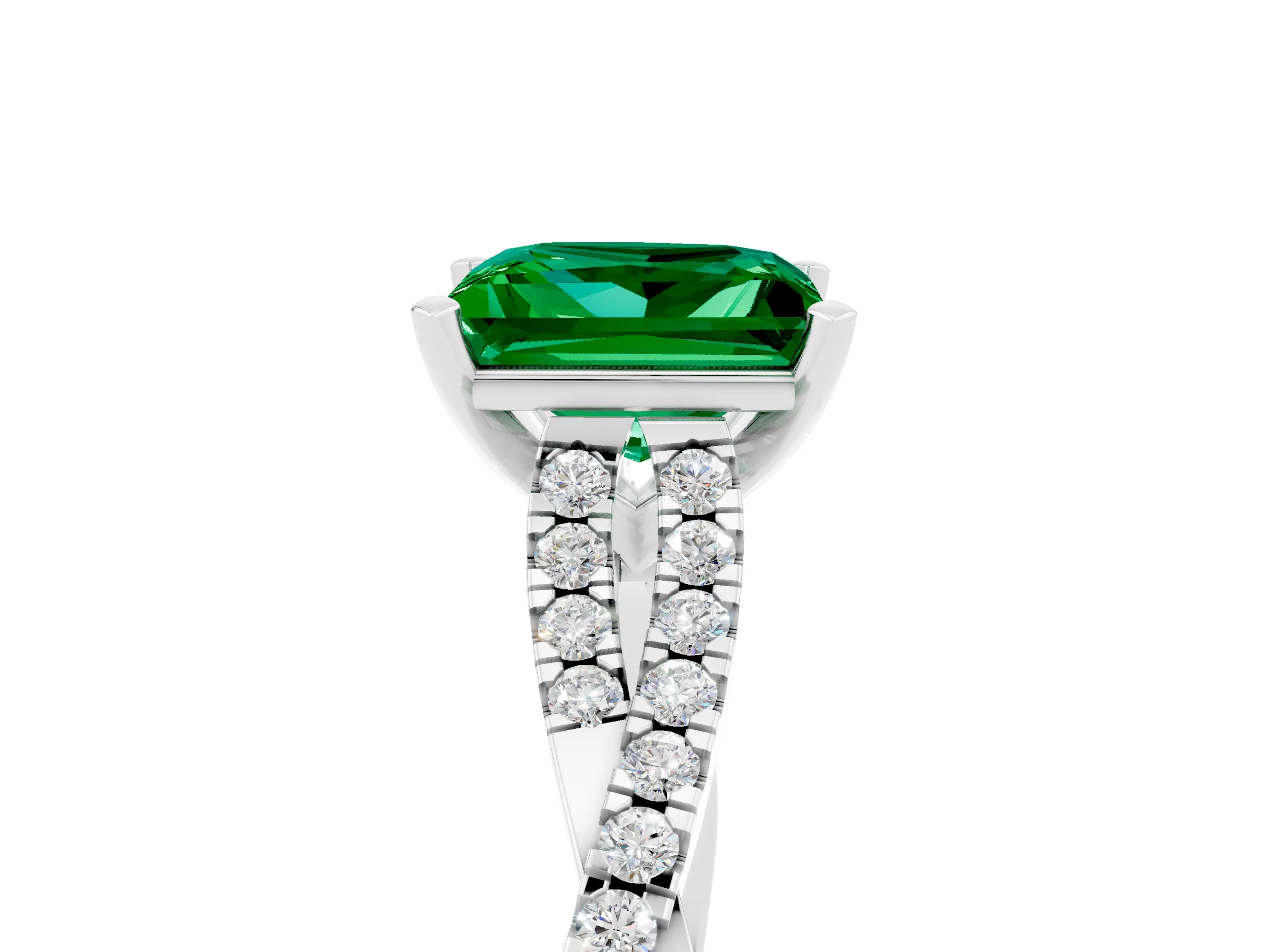 White gold Princess Cut Emerald Solitaire Engagement Ring with Twisted Pavé Band and Four-Prong Setting_17