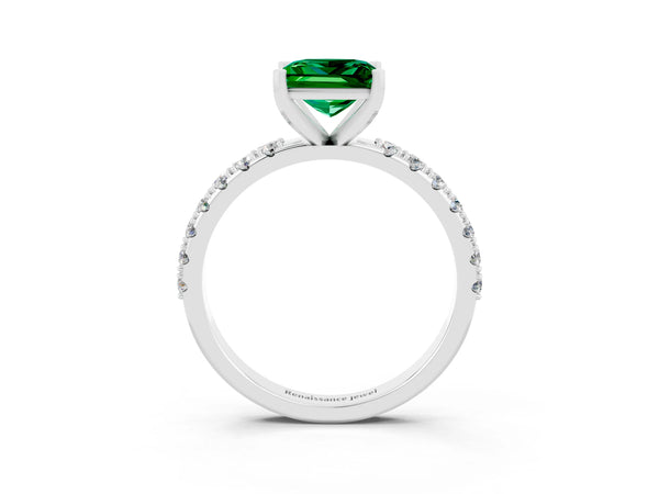 Platinum Princess Cut Emerald Solitaire Pavé Band with Four-Prong Setting