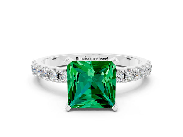 Silver Princess Cut Emerald Solitaire Pavé Band with Four-Prong Setting