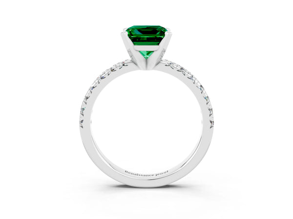 Silver Princess Cut Emerald Solitaire Pavé Engagement Ring with Round Band and Prong Setting