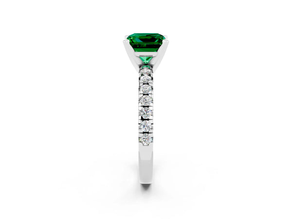 Platinum Princess Cut Emerald Solitaire Pavé Engagement Ring with Round Band and Prong Setting