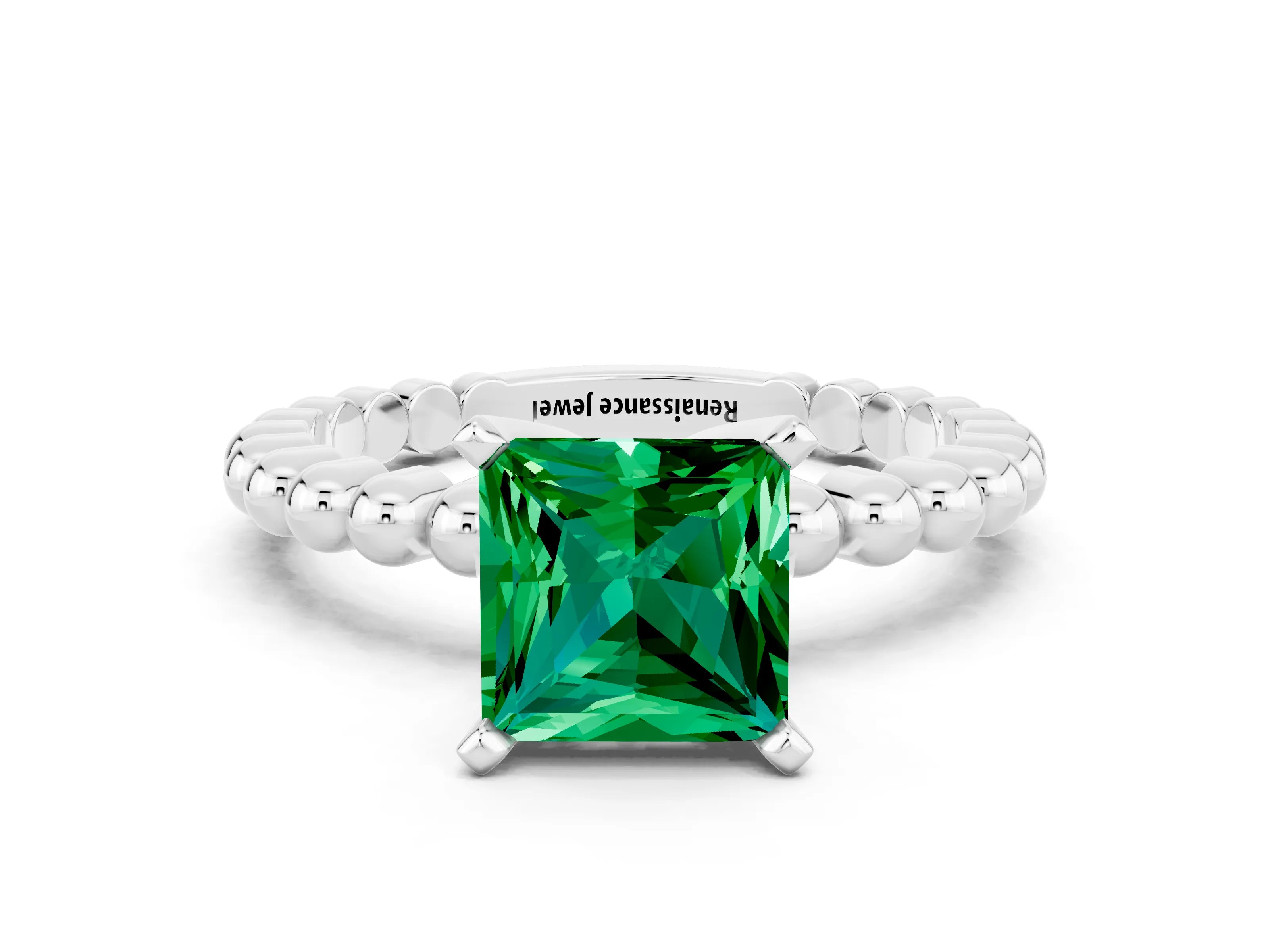 White gold Princess Cut Emerald Solitaire Ring with Beaded Band and Prong Setting_12