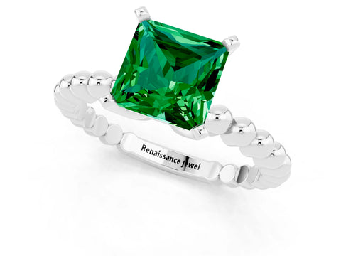 White gold Princess Cut Emerald Solitaire Ring with Beaded Band and Prong Setting_13