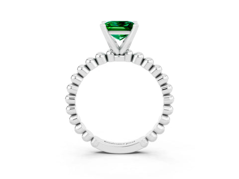 White gold Princess Cut Emerald Solitaire Ring with Beaded Band and Prong Setting_15
