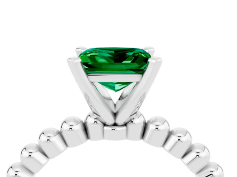 White gold Princess Cut Emerald Solitaire Ring with Beaded Band and Prong Setting_16