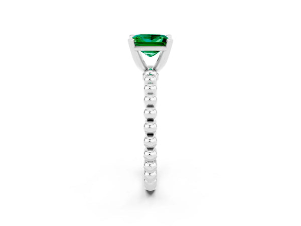 Platinum Princess Cut Emerald Solitaire Ring with Beaded Band and Prong Setting