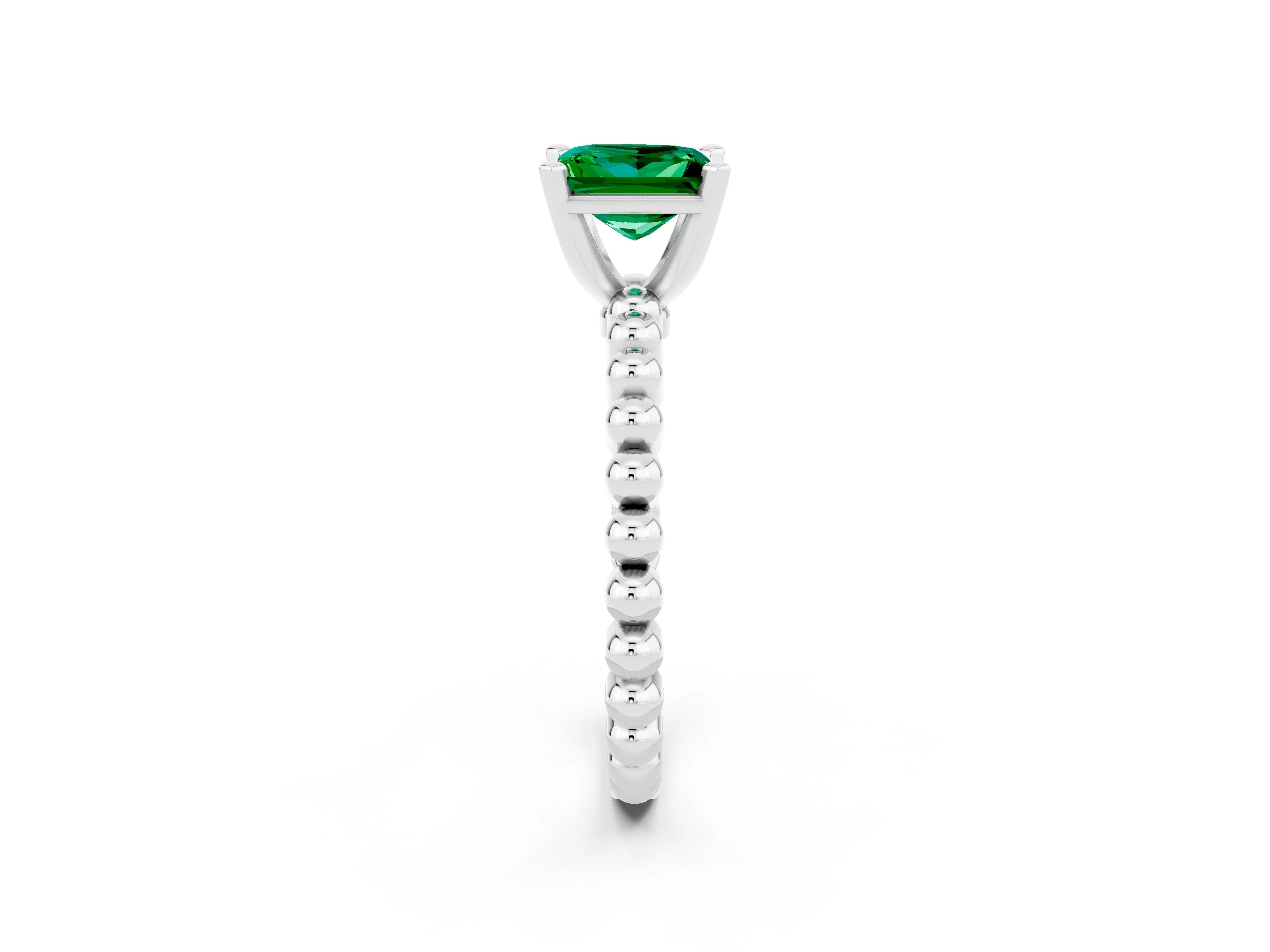 White gold Princess Cut Emerald Solitaire Ring with Beaded Band and Prong Setting_2