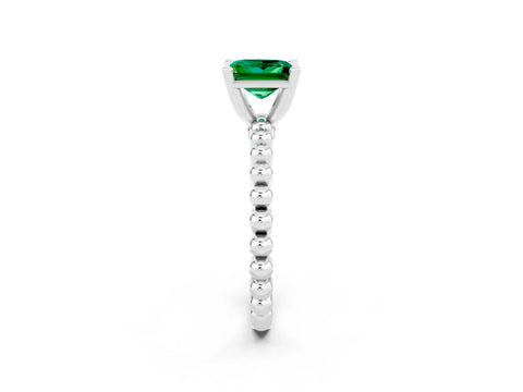 White gold Princess Cut Emerald Solitaire Ring with Beaded Band and Prong Setting_2