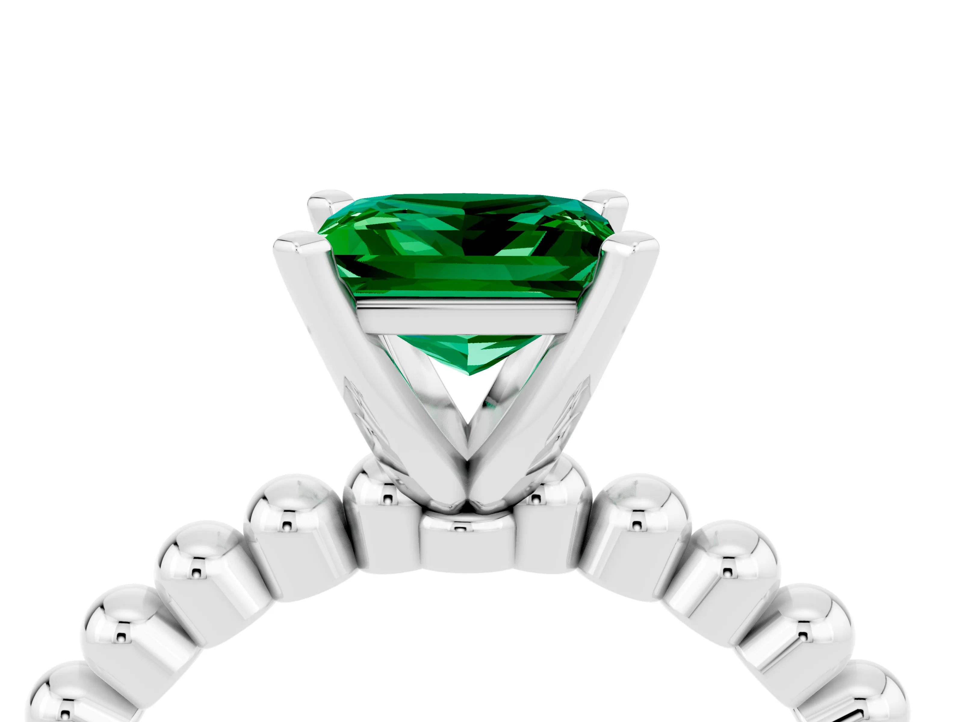 White gold Princess Cut Emerald Solitaire Ring with Beaded Band and Prong Setting_4