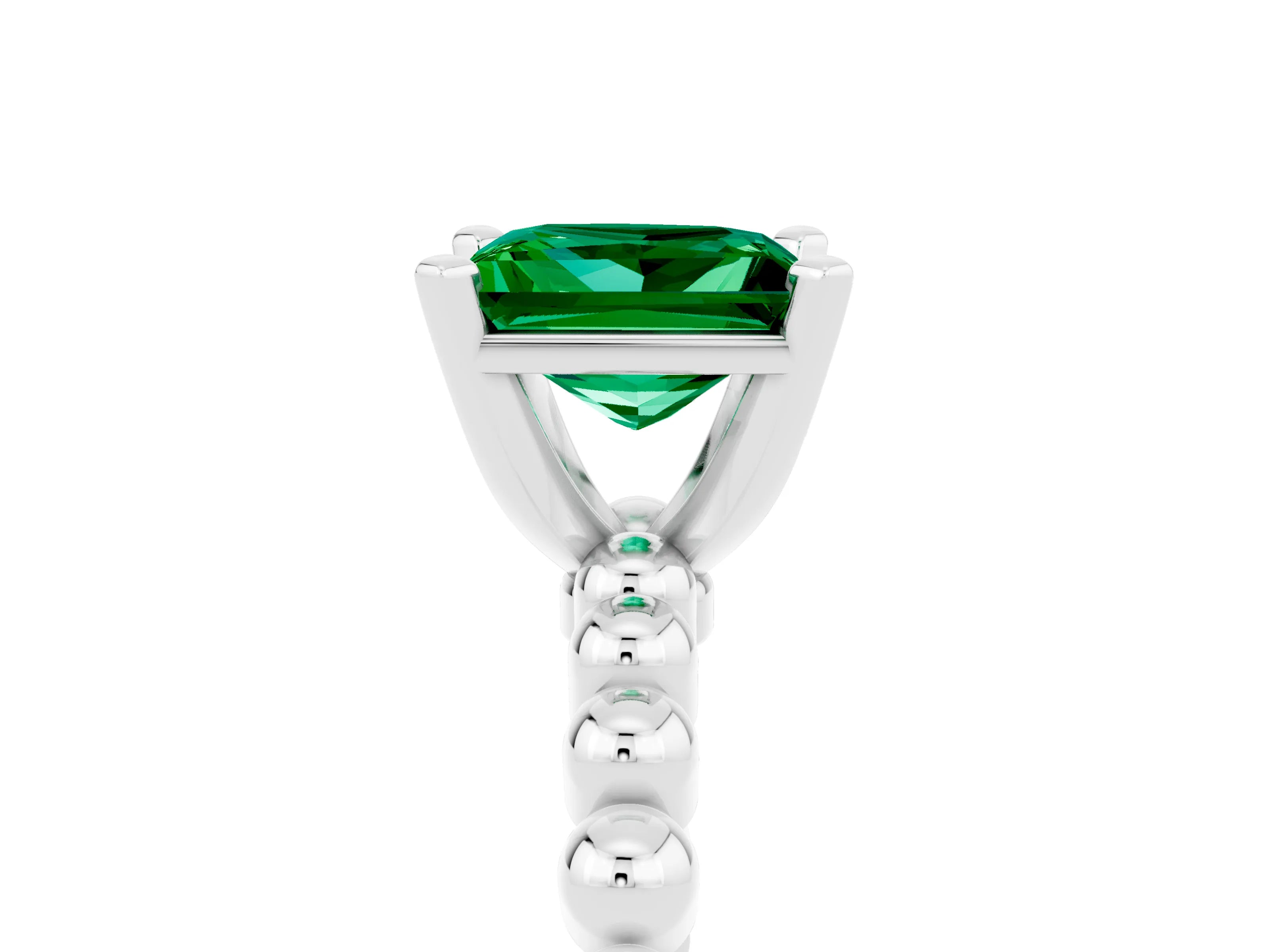 White gold Princess Cut Emerald Solitaire Ring with Beaded Band and Prong Setting_5