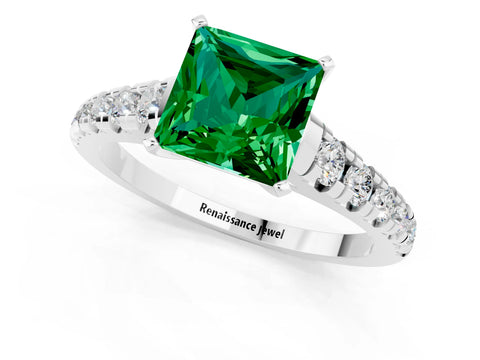 White gold Princess Cut Emerald Solitaire Ring with Cathedral Setting and Pavé Band_1