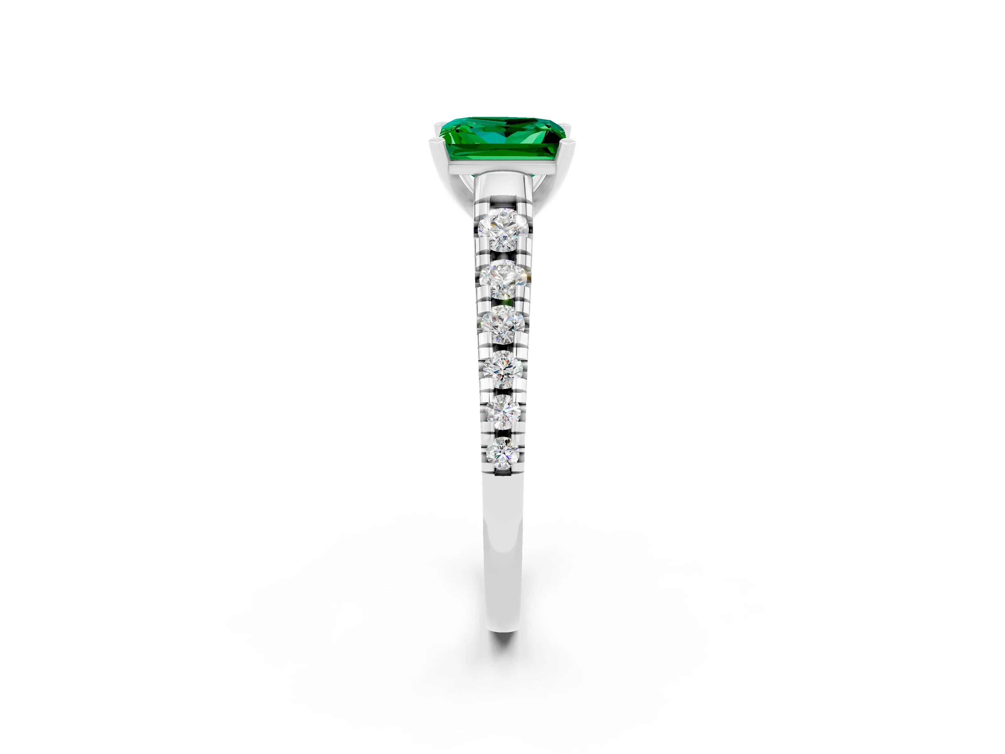 White gold Princess Cut Emerald Solitaire Ring with Cathedral Setting and Pavé Band_2