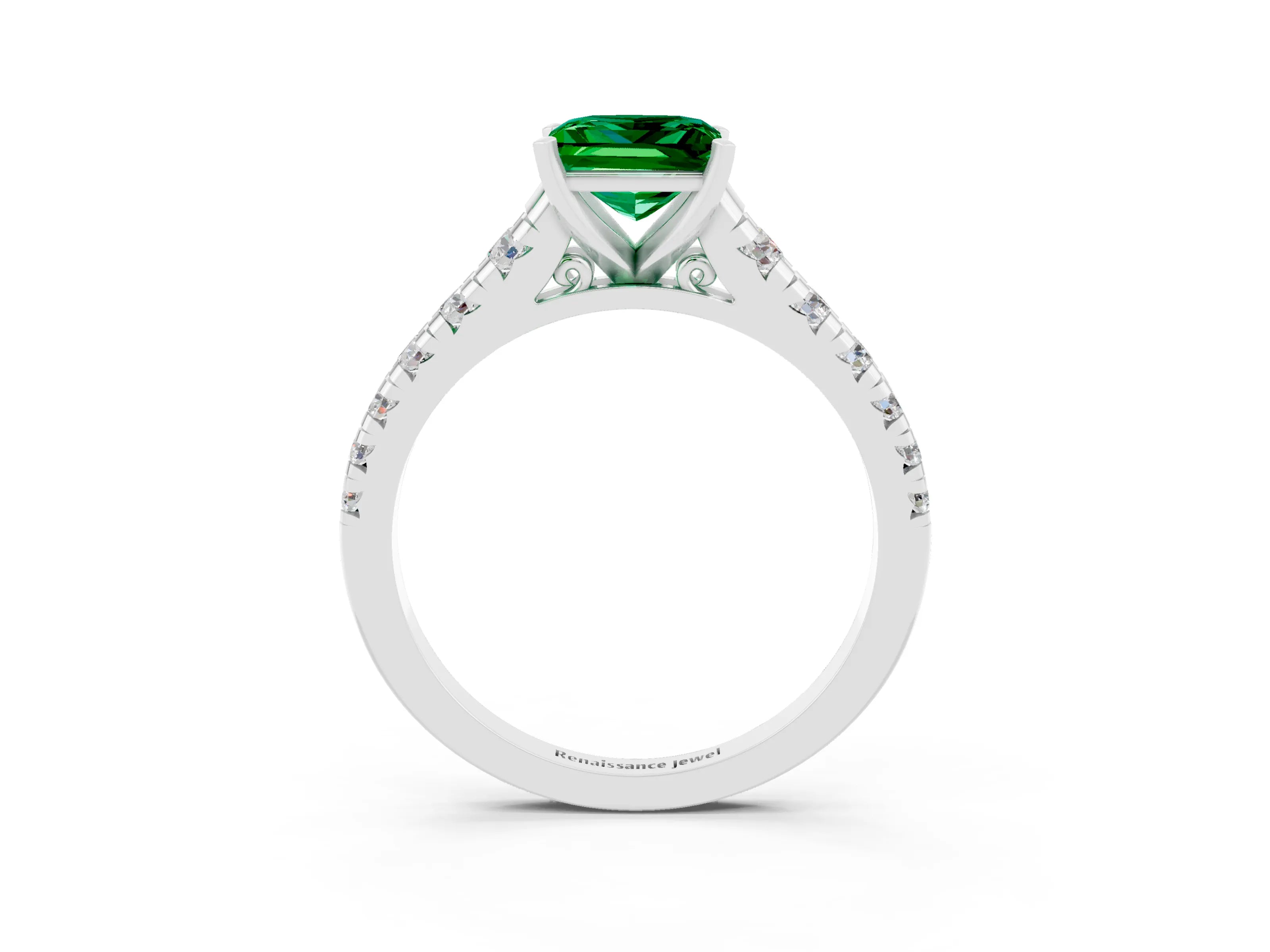 White gold Princess Cut Emerald Solitaire Ring with Cathedral Setting and Pavé Band_3