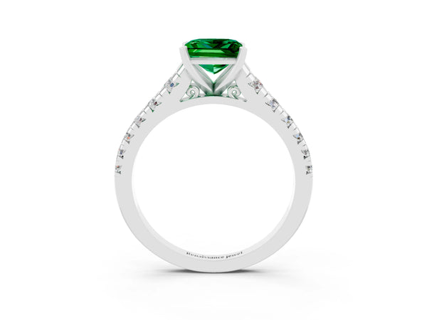 Platinum Princess Cut Emerald Cathedral Solitaire Ring with Round  Pavé Band