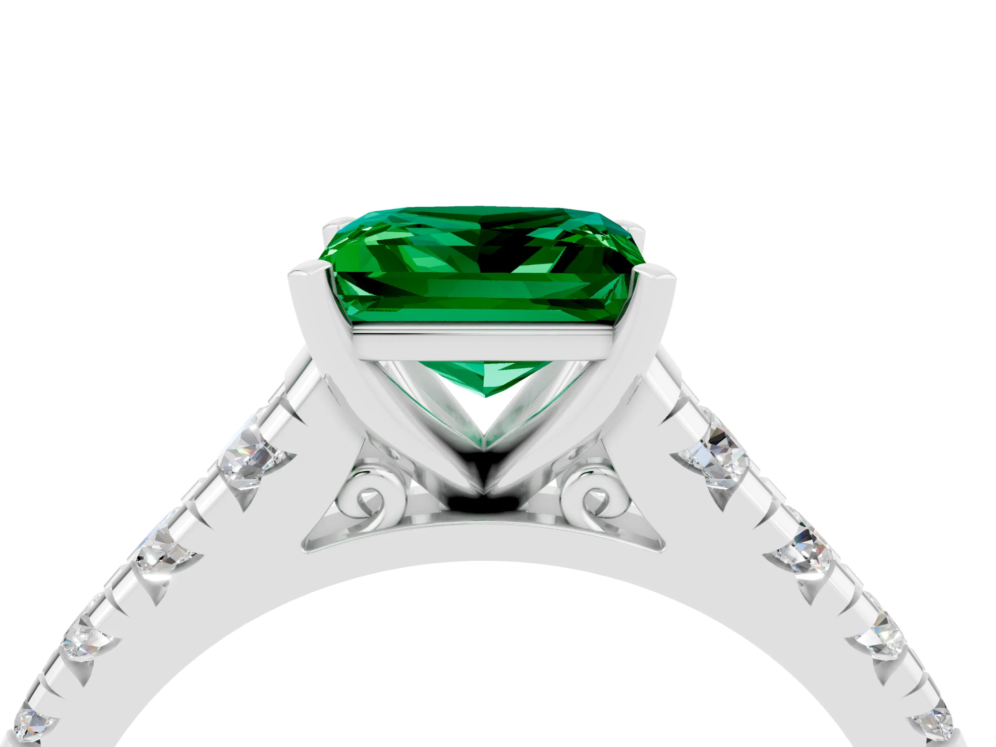 White gold Princess Cut Emerald Solitaire Ring with Cathedral Setting and Pavé Band_4