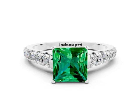 White gold Princess Cut Emerald Solitaire Ring with Cathedral Setting and Pavé Band