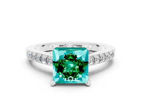 Platinum Princess Cut Emerald Solitaire Ring with Crossover Gallery and Round  Pavé Band