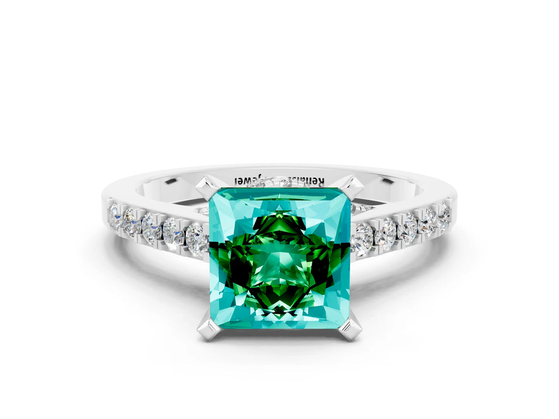 White gold Princess Cut Emerald Solitaire Ring with Crossover Gallery and Round  Pavé Band_12