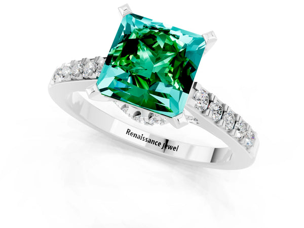 Platinum Princess Cut Emerald Solitaire Ring with Crossover Gallery and Round  Pavé Band