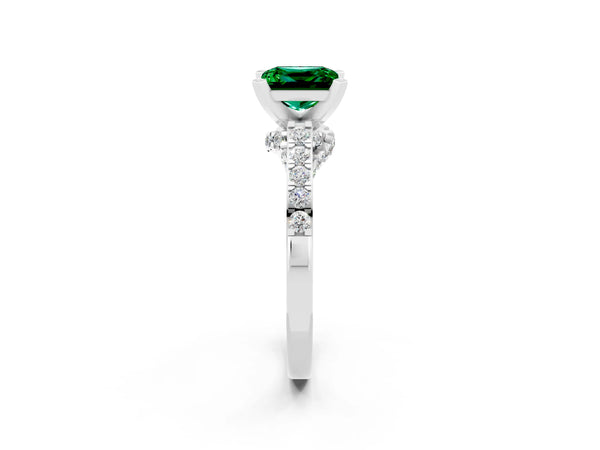 White gold Princess Cut Emerald Solitaire Ring with Crossover Gallery and Round  Pavé Band