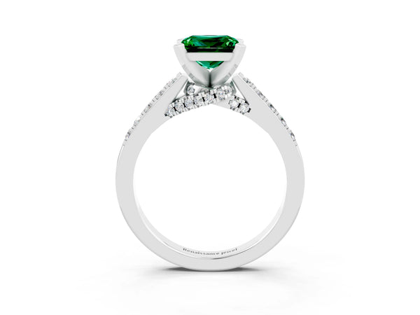 Silver Princess Cut Emerald Solitaire Ring with Crossover Gallery and Round  Pavé Band