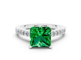 White gold Princess Cut Emerald Solitaire Ring with Crossover Gallery and Round  Pavé Band_36