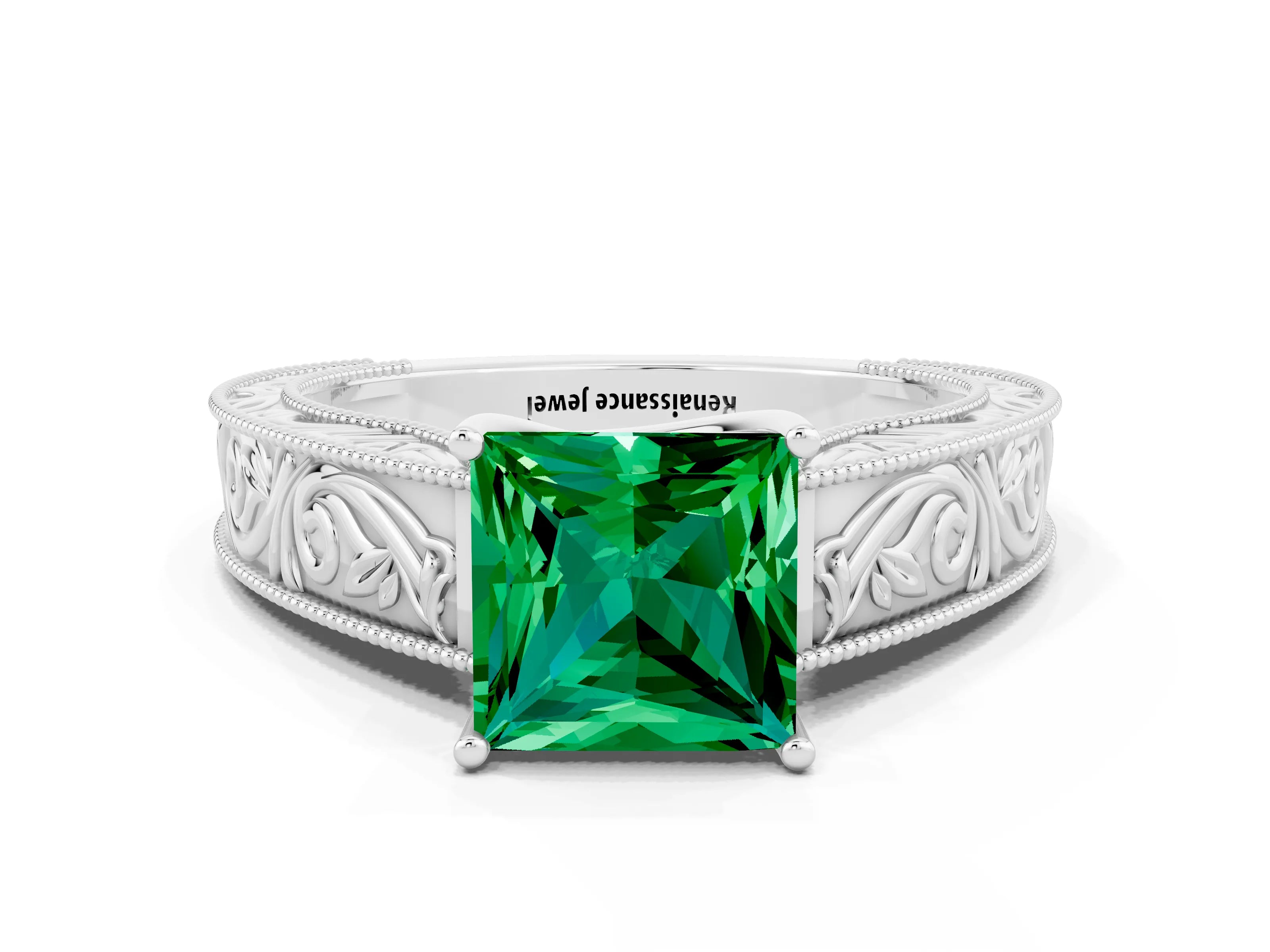 White gold Princess Cut Emerald Solitaire Ring with Engraved Band and Four-Prong Setting