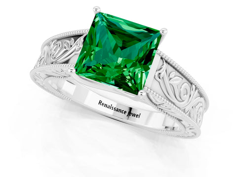 White gold Princess Cut Emerald Solitaire Ring with Engraved Band and Four-Prong Setting_1