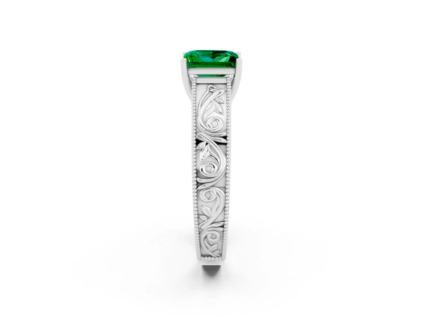Platinum Princess Cut Emerald Solitaire Ring with Engraved Band and Four-Prong Setting